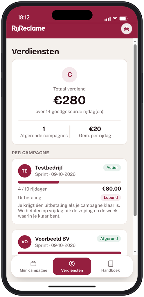 RijDashboard met je verdiensten per campagne